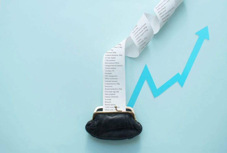 Large receipt coming out of purse, inflation, food rising costs rising arrow